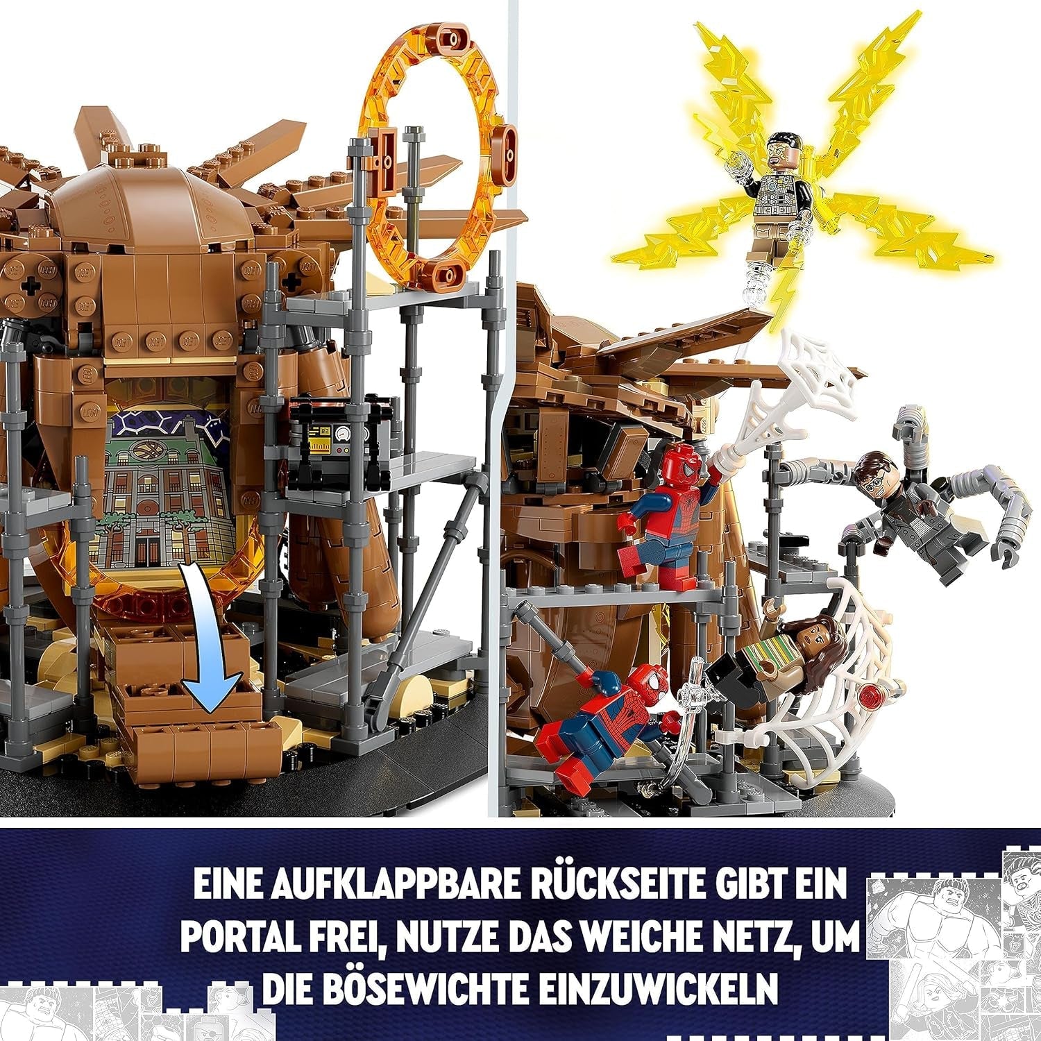 LEGO 76261 Marvel Spider-Man's Big Showdown, Spider-Man: No Way Home sæt med 3 minifigurer Peter Parker plus Green Goblin, Electro, Sandman, Ned, Doctor Strange og MJ, samlermodel Byggesæt Besuche den LEGO-Store