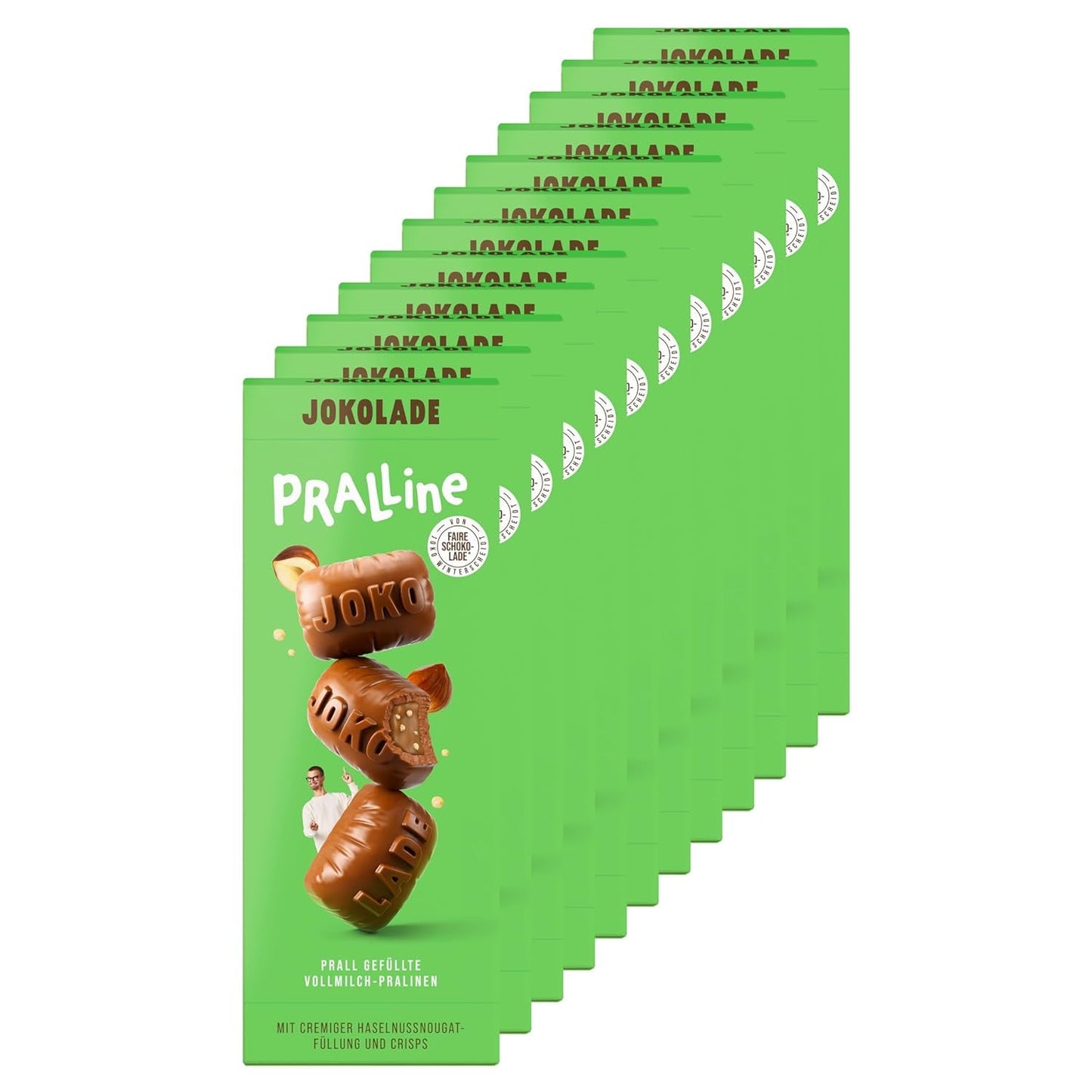 JOKOLADE PRALLINE Værdipakke 12 x 80g | Generøst fyld med hasselnøddenougatcreme og chips | Fair chokolade fra Joko Winterscheidt