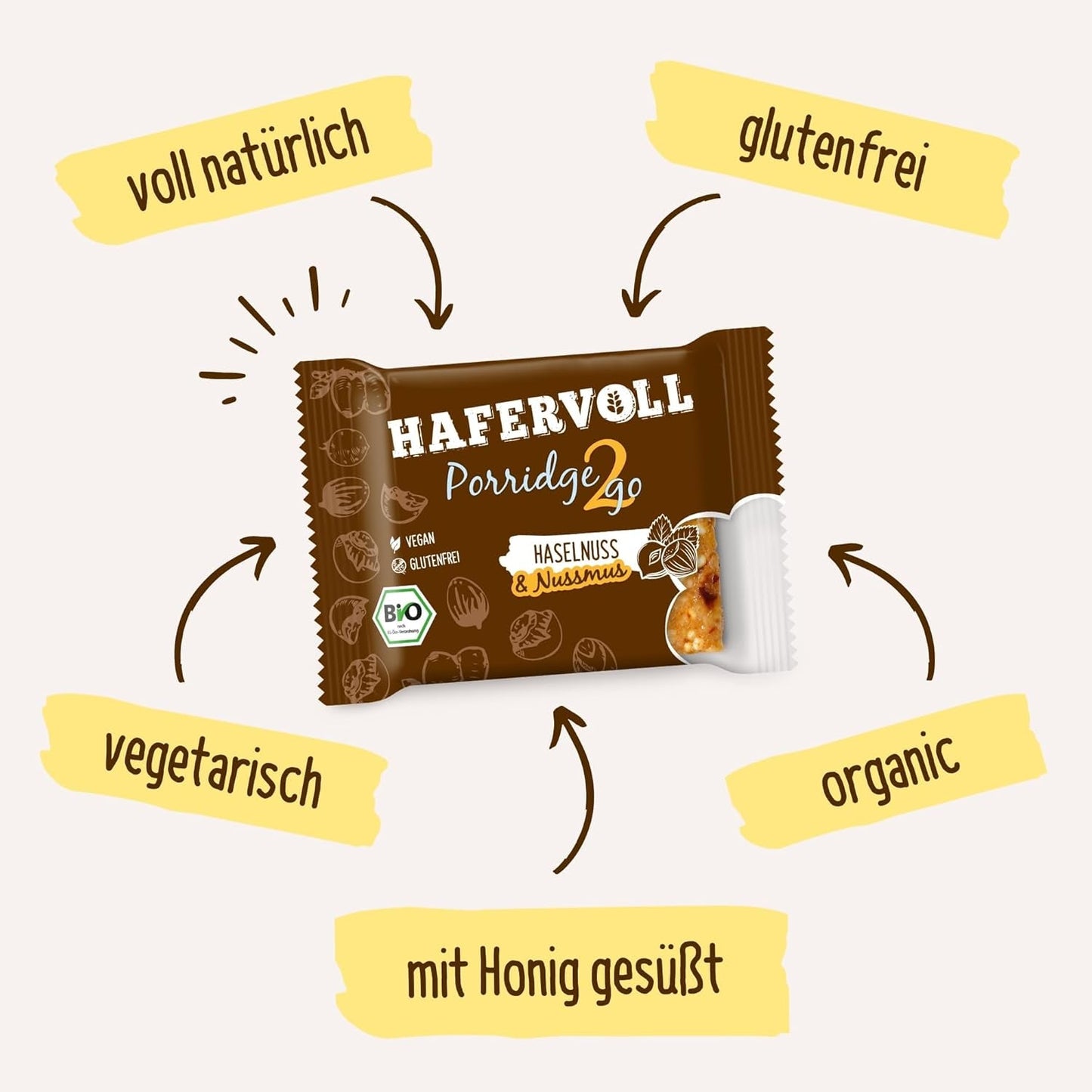 Hafervoll Porridge2go jordnøddesmør og nødder, 13 barer x 55 g - vegansk, økologisk, glutenfri, uden tilsat sukker snack, med havre, dadler og quinoaslik