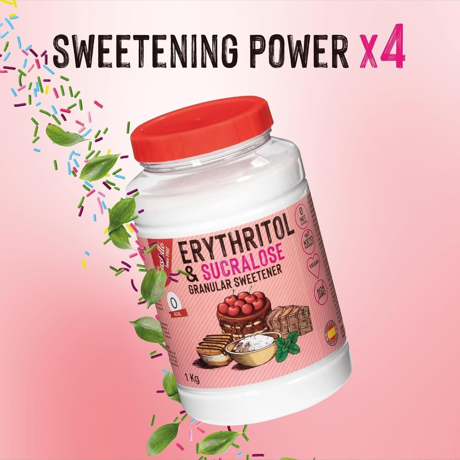 Erythritol + Sucralose 1:4 Süßstoff | 1G = 4G Zucker | 0 Netto-Kohlenhydrat - 0 Kalorien - 0 Glykämischer Index - Keto - Kein GVO - Castello siden 1907 - 1 Kg Sødemidler Naty Shop