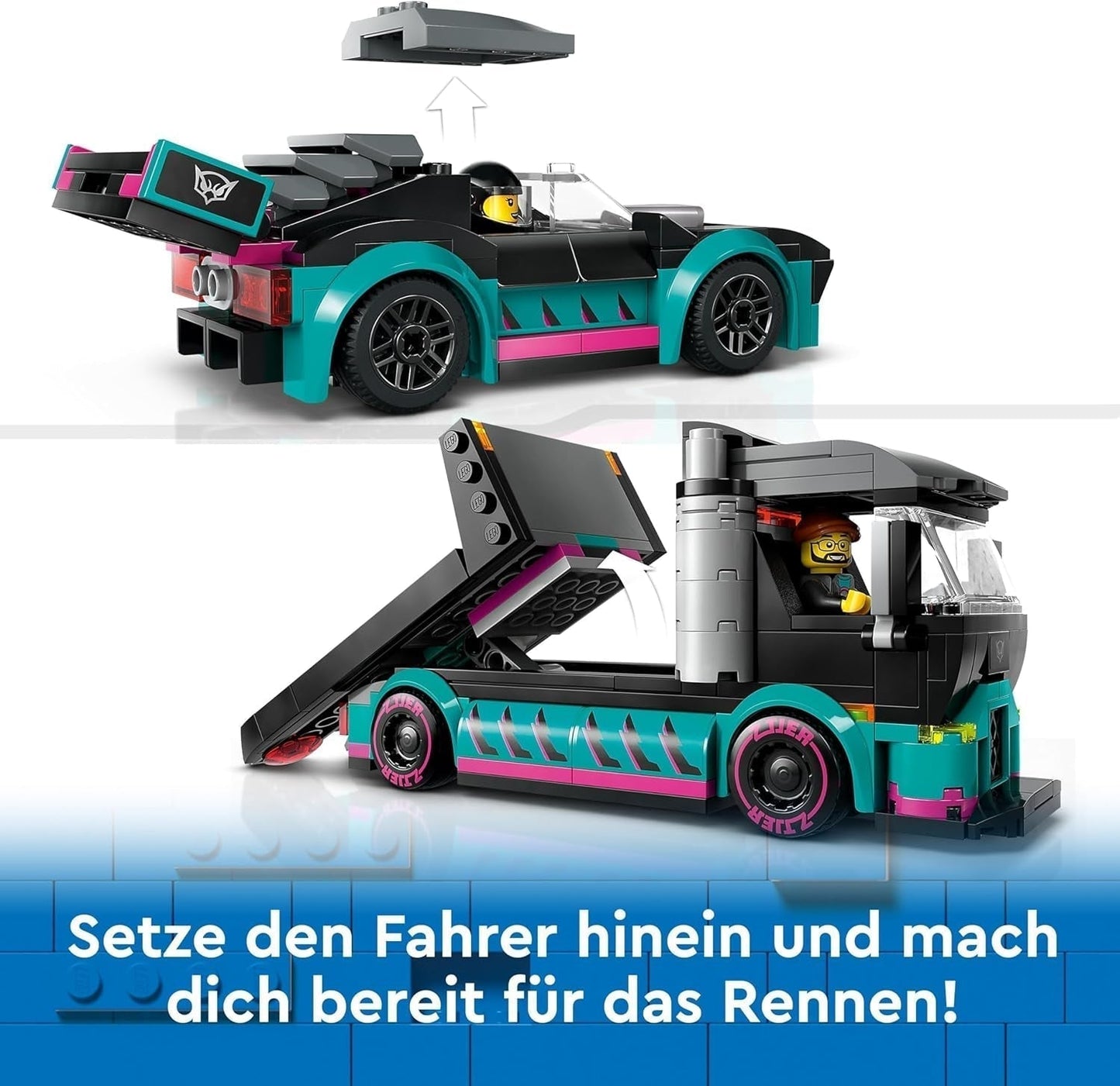 LEGO City Car Transporter med racerbil, legetøjslastbil med justerbar læsserampe og racerbil, byggesæt med 2 minifigurer, racerkører og lastbilchauffør, til børn fra 6 år 60406 Byggesæt Besuche den LEGO-Store