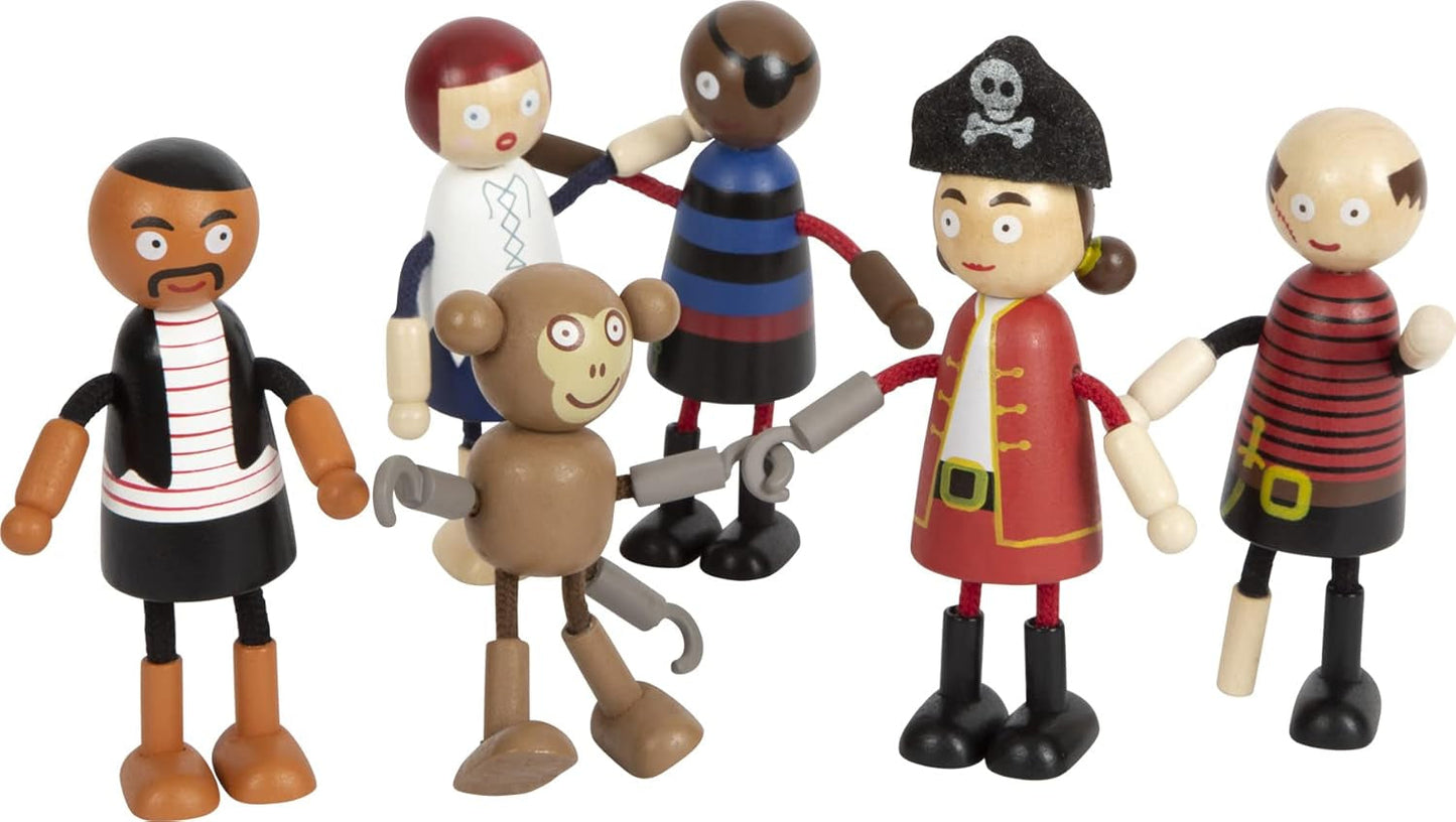Små fods fleksible piratdukker i træ, 5 pirater og 1 abe, detaljerede og fleksible, 3+, 12412