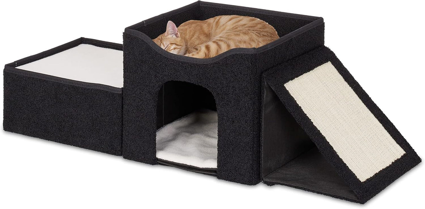 Relaxdays Katzenhöhle, foldbar, 3 Liegeplätze, Katzenhaus mit Kratzfläche, HBT: 36,5x112x41 cm, Katzenversteck, schwarz