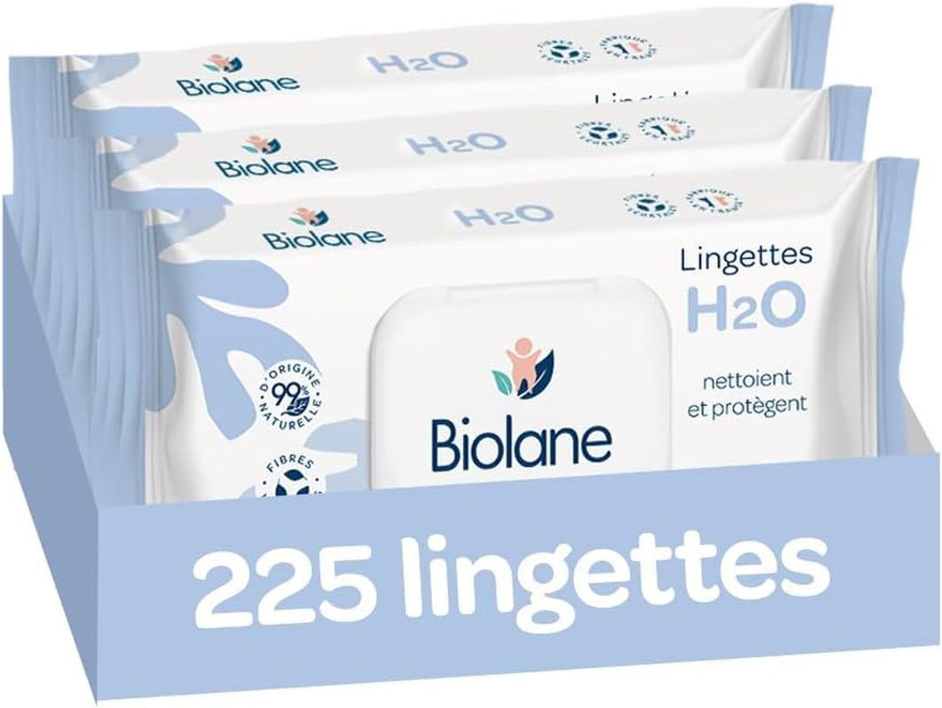 BIOLANE - Babyvådservietter med vand - 225 servietter - 3 x 75 stykker - Skånsom og effektiv rengøring - Fra fødslen - Fransk kvalitet