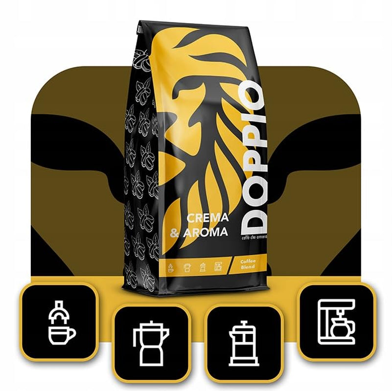 Doppio Creme & Flavor 1KG | Kaffebønner 80% Arabica og 20% ​​Robusta | med noter af kakao, nødder og karamel | Frisk og mellemstegt, lav surhedsgrad | til espresso | Blå spækhugger kaffe