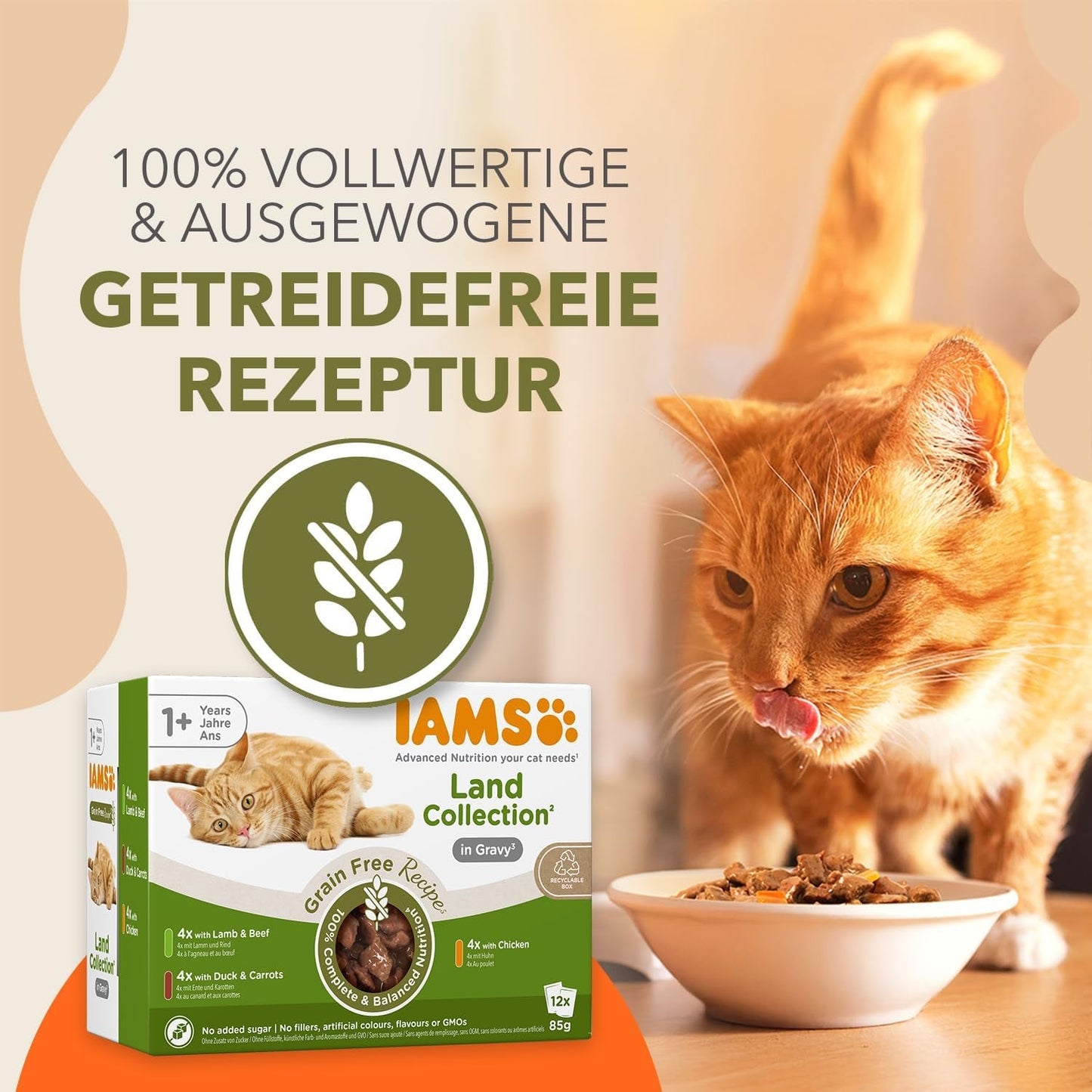 IAMS Delights Land Collection Kornfrit våd kattefoder - Kødsortspakke Multipack Kornfrit vådfoder til katte 1 år og derover 12 x 85 g