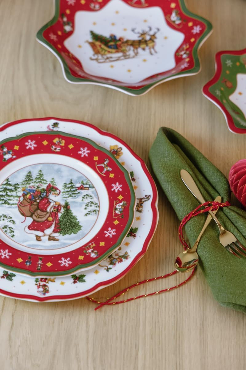 Hutschenreuther Happy Wintertime Red Christmas Servicesæt til 6, porcelæn, flerfarvet, 6 morgenmadstallerkener, 6 middagstallerkener og 6 middagstallerkener, tåler opvaskemaskine og mikroovn