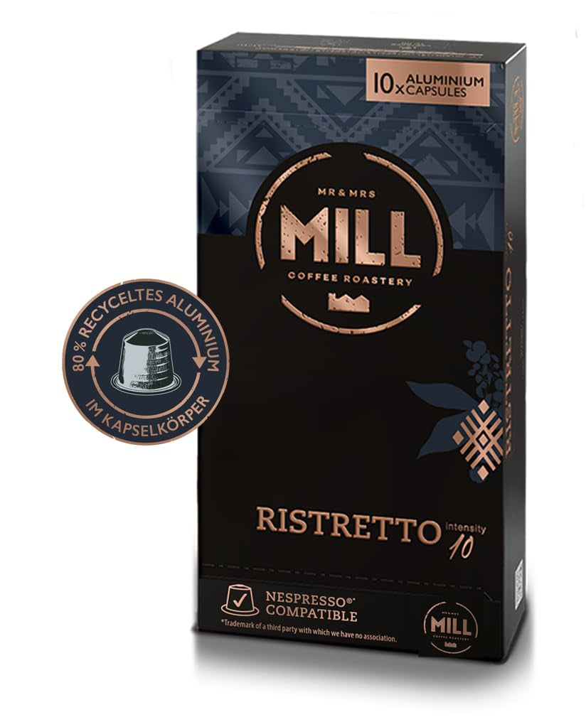 Kaffeekapseln Ristretto, 100 Kapseln für Kapselmaschinen (10x10), 80% genanvendt aluminium i Kapselkörper