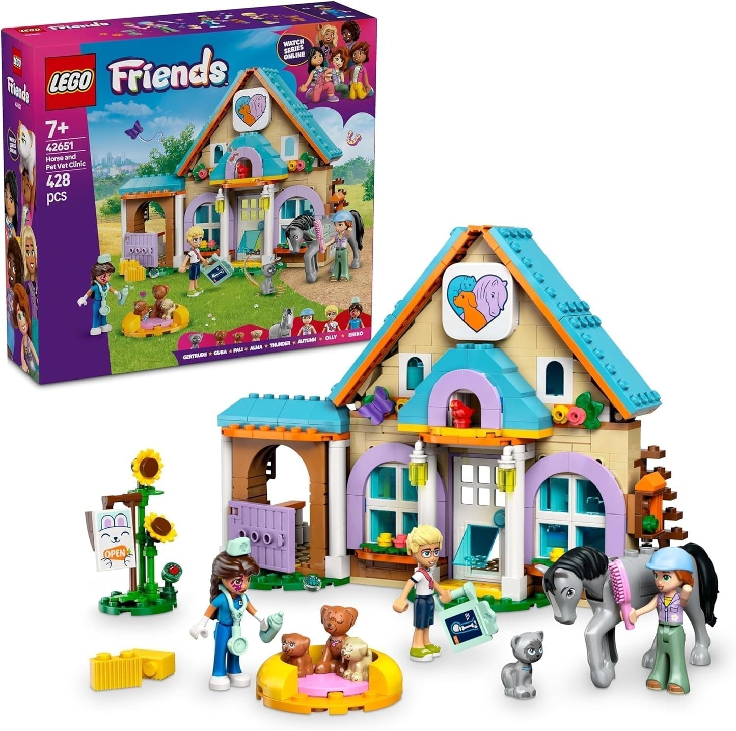 LEGO Friends dyrlægeskab til heste og kæledyr, bygge- og legesæt til fantasifuldt rolleleg med 3 minifigurer og 5 dyrefigurer, gaveidé til piger på 7 år 42651 Byggesæt Besuche den LEGO-Store Standardtitel