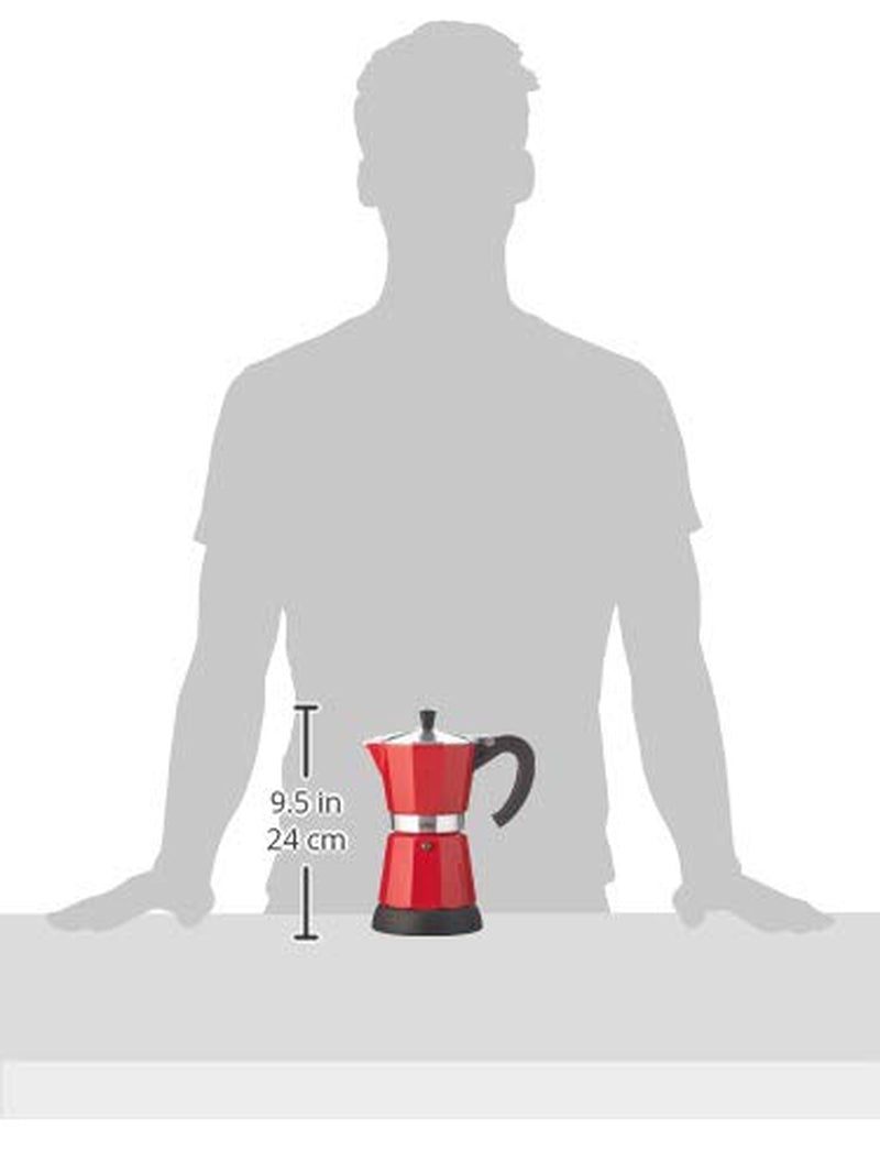 Cilio Classico espressomaskine til 6 kopper | elektrisk 480W | Ø 11,5 cm Højde: 25 cm | aluminium | rød | integreret kogeplade | med varmetilbageholdelsesfunktion og reducerende filter | til rejser eller camping