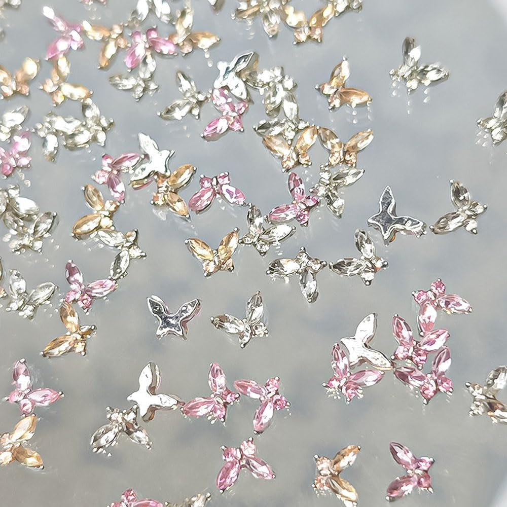 Mini Butterfly Zircon Nail Nøgleringe Y2K Hvid Champagne Pink Rhinestone Krystal Sommerfugl Nøgleringe Negle 3D Butterfly Nail Design Nøgleringe Butterfly Negle Dekoration Nail Art Nøgleringe Negle Accessories
