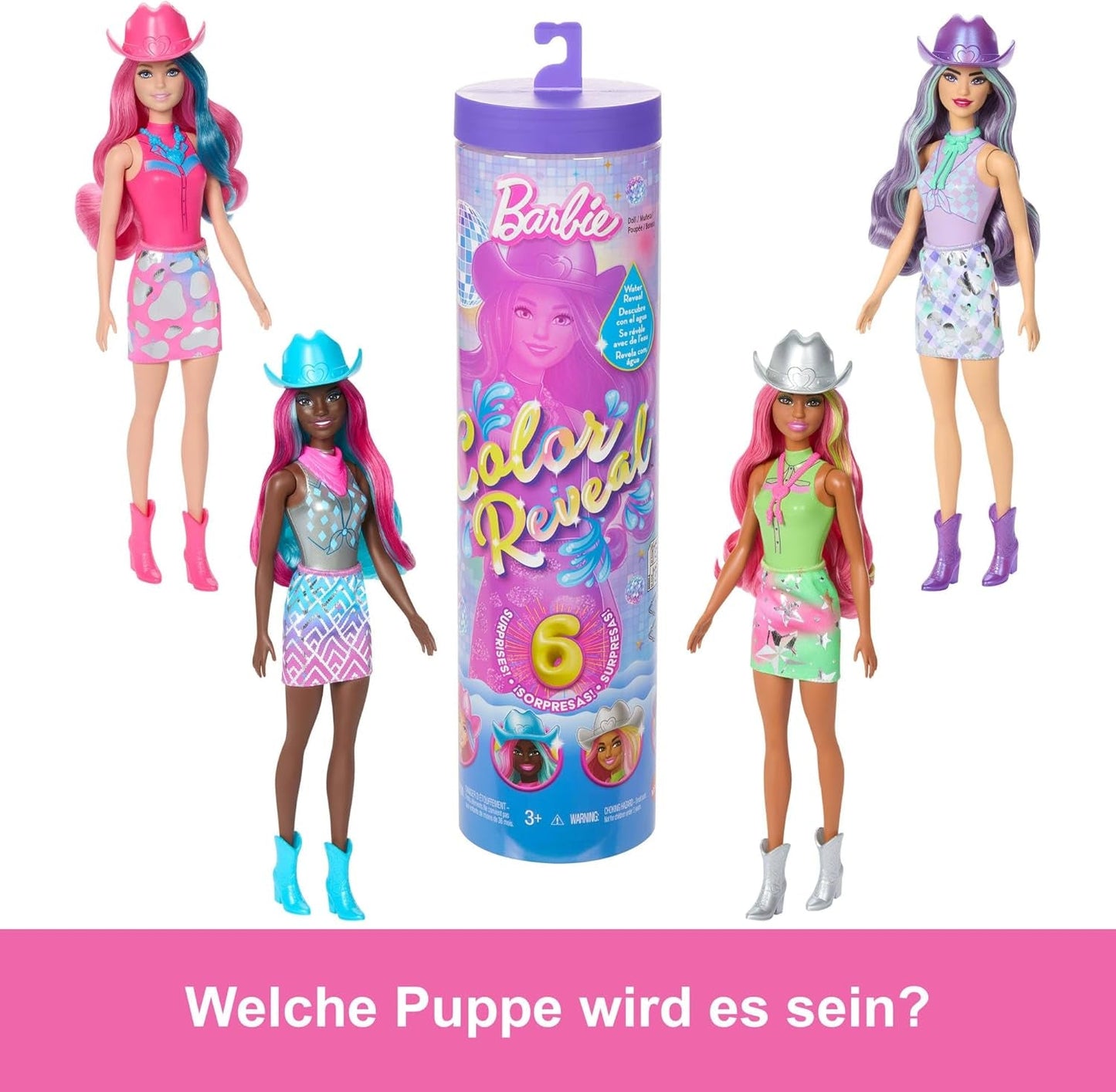 Barbie Color Reveal Dukke og tilbehør med 6 overraskelser, Disco Star Series med metallisk glitter og farveskiftende top (stile kan variere), JCP01, 32 cm