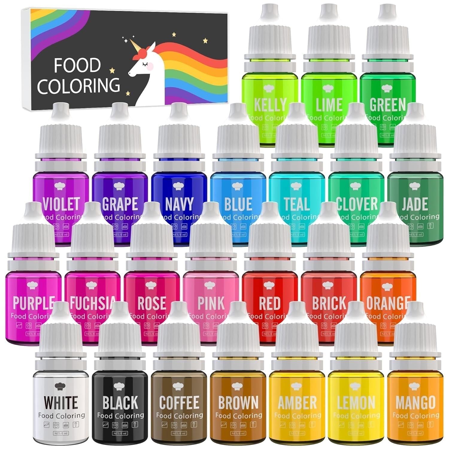 Madfarve - 24 levende madfarvestoffer til bagning, kagepynt, glasur, småkager, fondant og macarons - Flydende madfarve til sæbefremstilling og håndværk - 24 x 6 ml