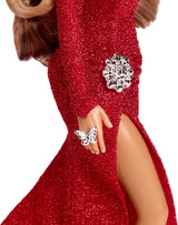 Barbie Mariah Carey - samlerdukke med glitrende rød kjole, flæser, slids, charmerende krøller, sølvtilbehør, røde høje hæle, juletradition, dekoration, HJX17