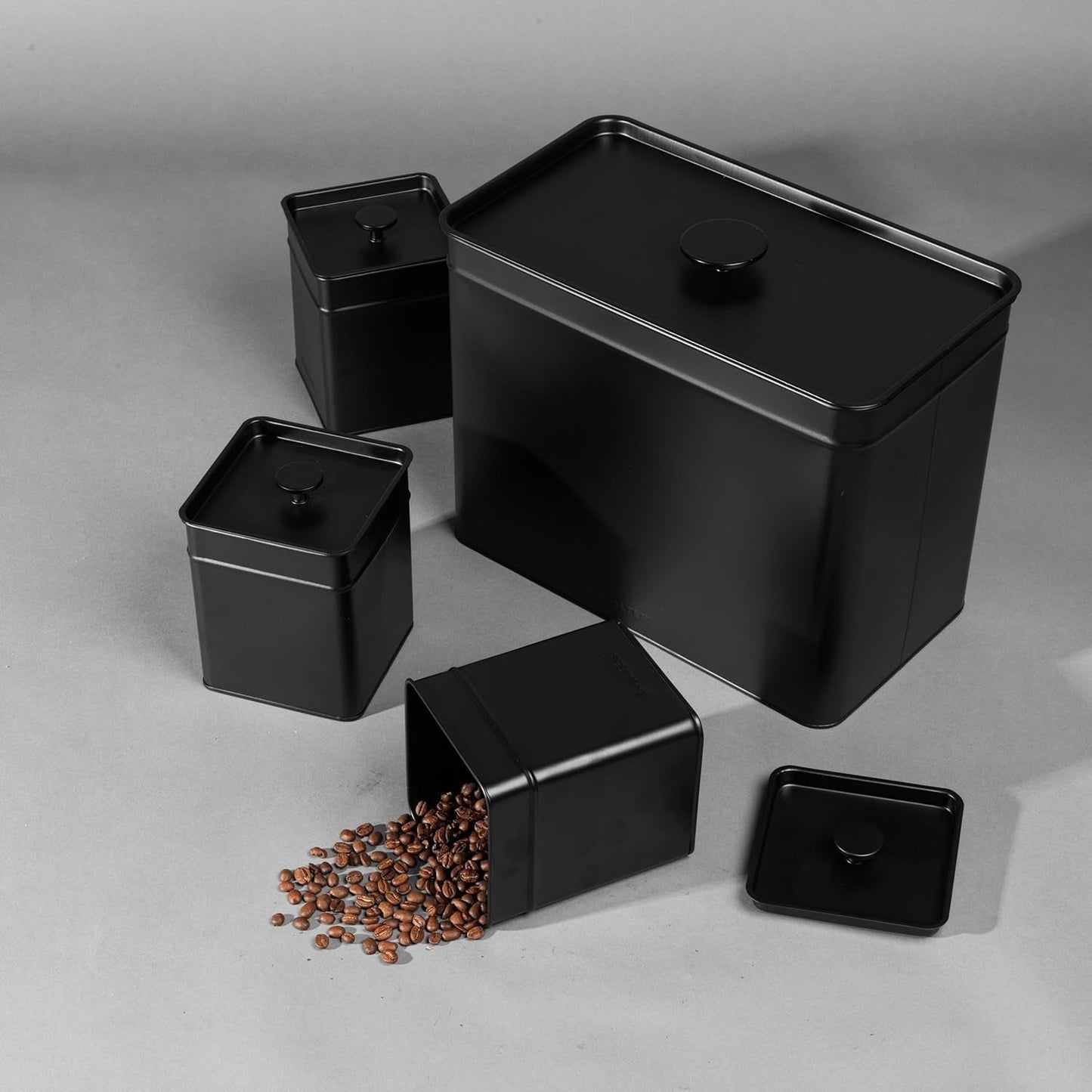 Salter BW12614EU7 Kuro Opbevaringsboks Sæt - 4 køkkenbeholdere Brød/te/kaffe/sukker Firkantede organiseringsæsker Let at rengøre Hold mad frisk Sort madopbevaringsbokse Naty Shop