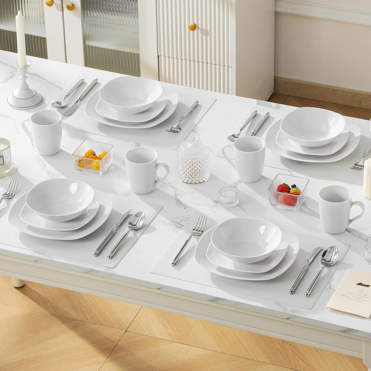 MALACASA Spisesæt til 4, 16-delt hvidt porcelænsservice, moderne servisesæt med 4 middagstallerkener, Desserttallerkener, Suma-tallerkener og -kopper, ELISA-serien