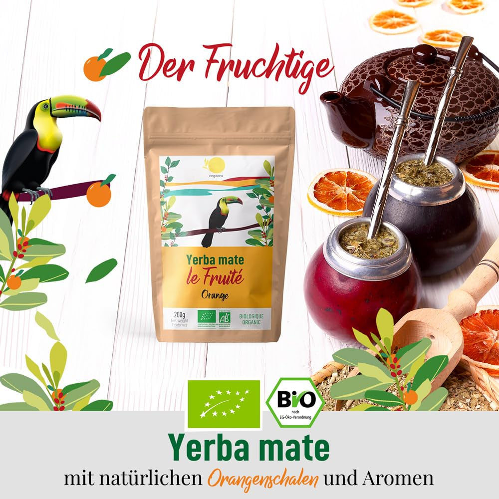 ORIGEENS BIO YERBA MATE med appelsiner 200 G - Frugtagtig te I Økologisk uristet Yerba Mate te, uden stilke og støv I Energigivende og afgiftende drik
