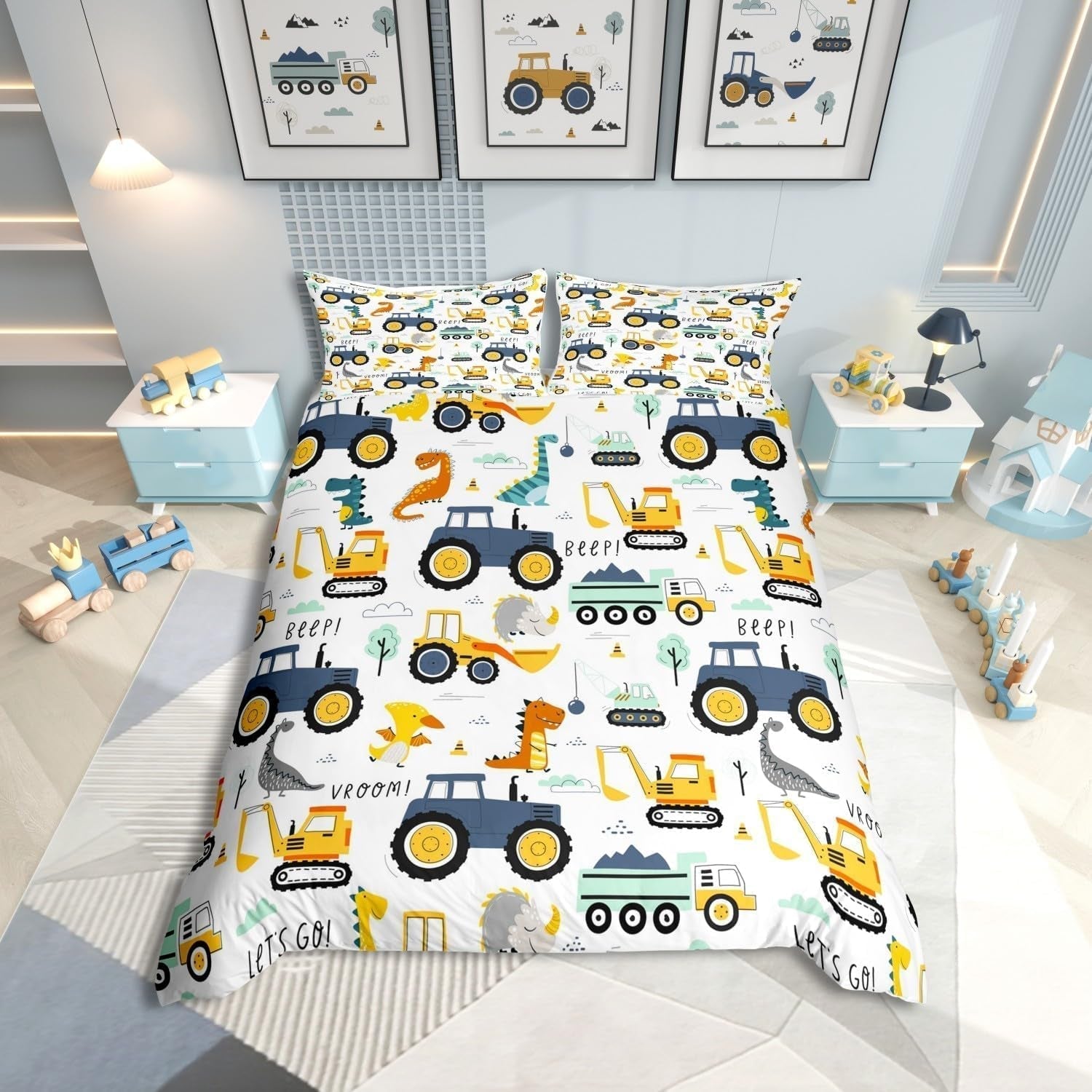 Jungen Cartoon Auto Sengetøj Sæt 135X200,Kinder Bau Fahrzeuge Tröster Abdeckung Für Kind Kleinkind Teens,Dinosaurier Bettbezug,Traktor Maschinerie Bagger Bettdecke Abdeckung,Lkw Autos Bedtuchen Naty Shop Multi 15 135*200+80*80*