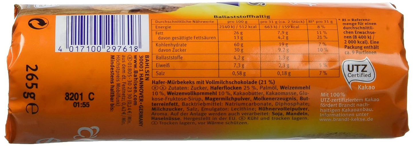 Brandt Hobbits Chokolade - Pakke med 18 - Opbevaringsæske - Fuldkornsfiberrig havregryn Halv fine chokoladekiks (18 x 265 g)