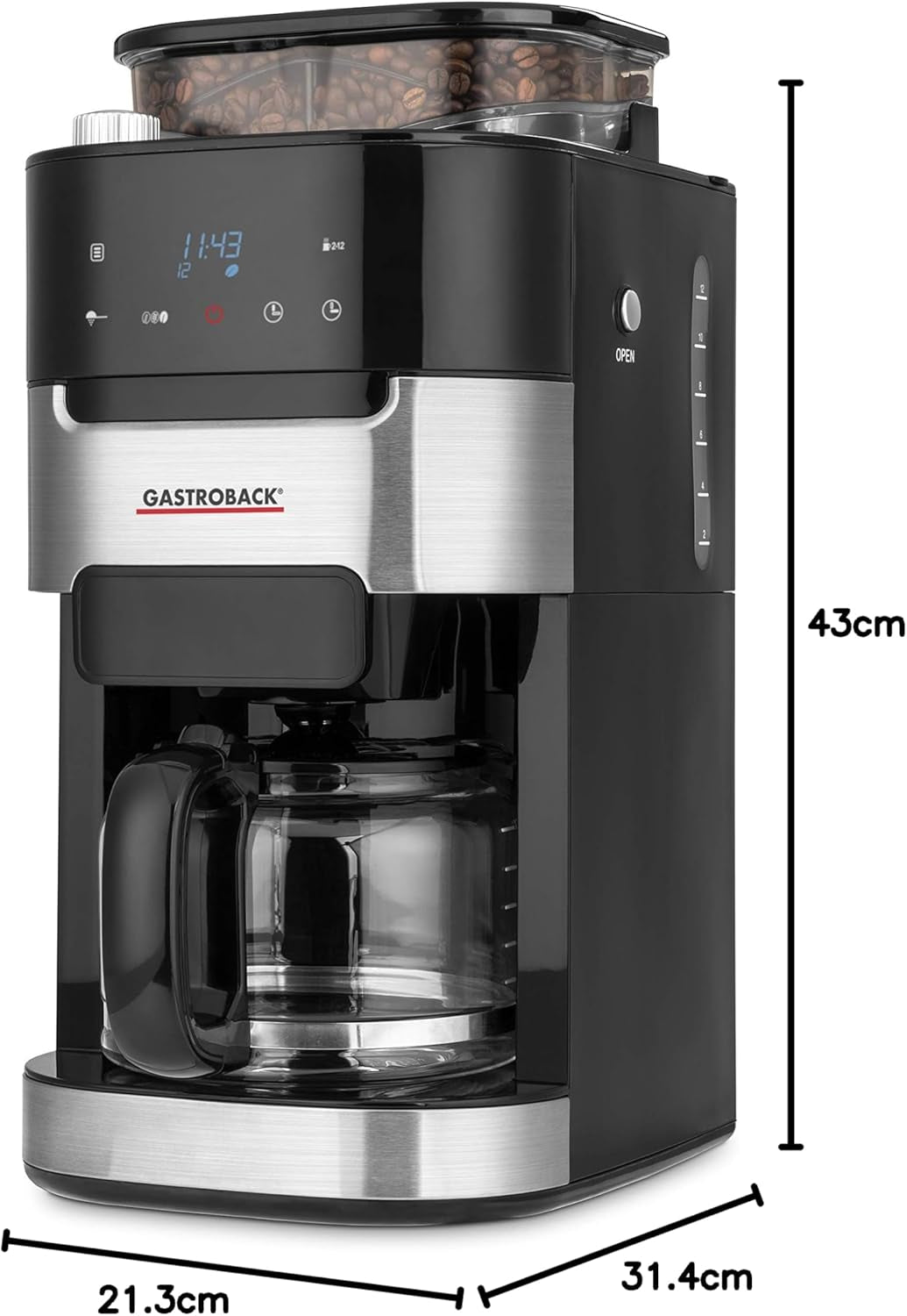 GASTROBACK 42711 Grind & Brew Pro kaffeespressomaskine, kaffeespressomaskine med integreret filter og kværn, konisk kværn med 8 slibeindstillinger, LCD-touchskærm, plastik