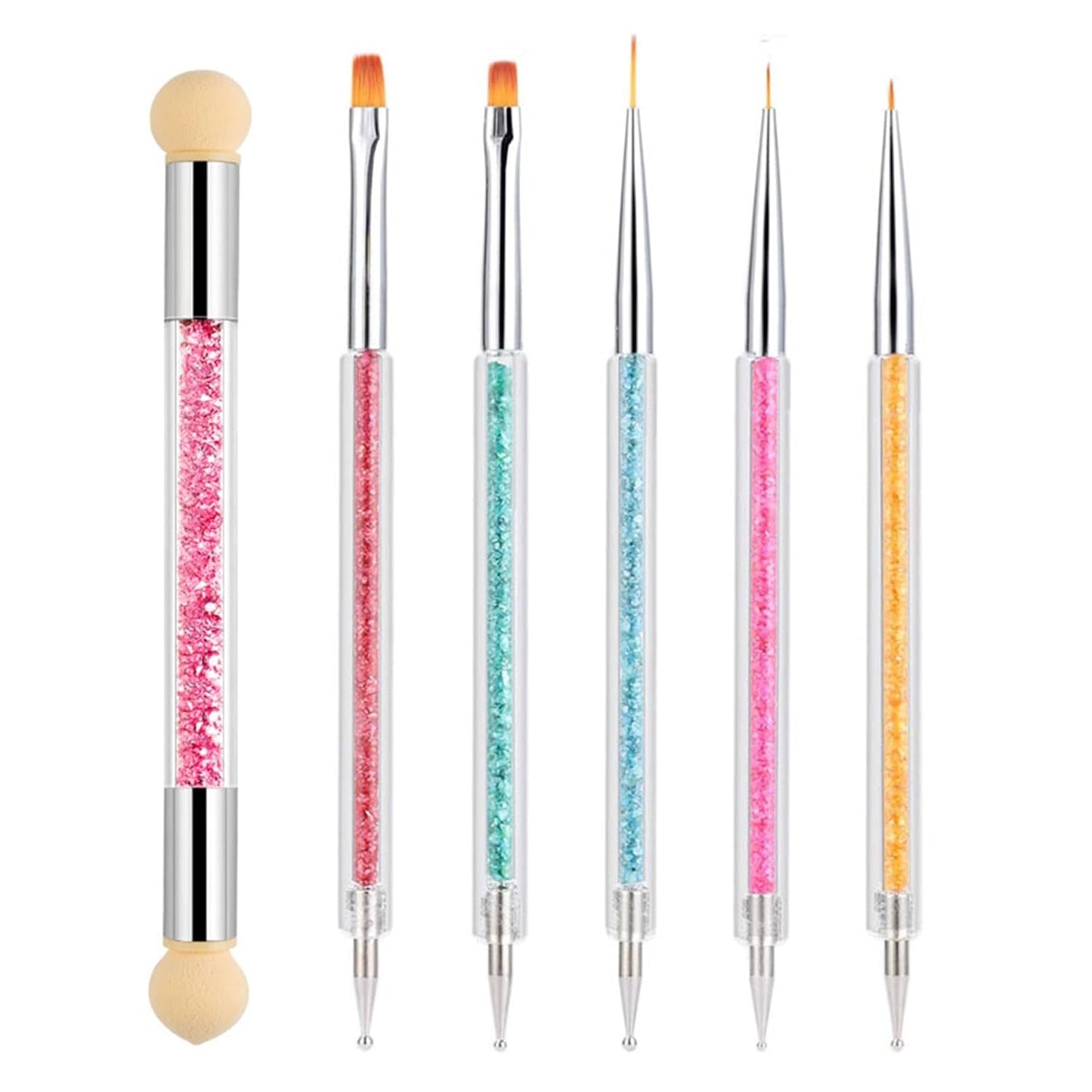 6 Stück Nagel Pinsel Set, Doppel-Ende Nageldesign Pinsel, Acryl Nail Art Pinsel Sæt Nail Art Liner Pinsel Dotting Tool Für DIY Nail Art Design (Mit 1 Schwammbürste)