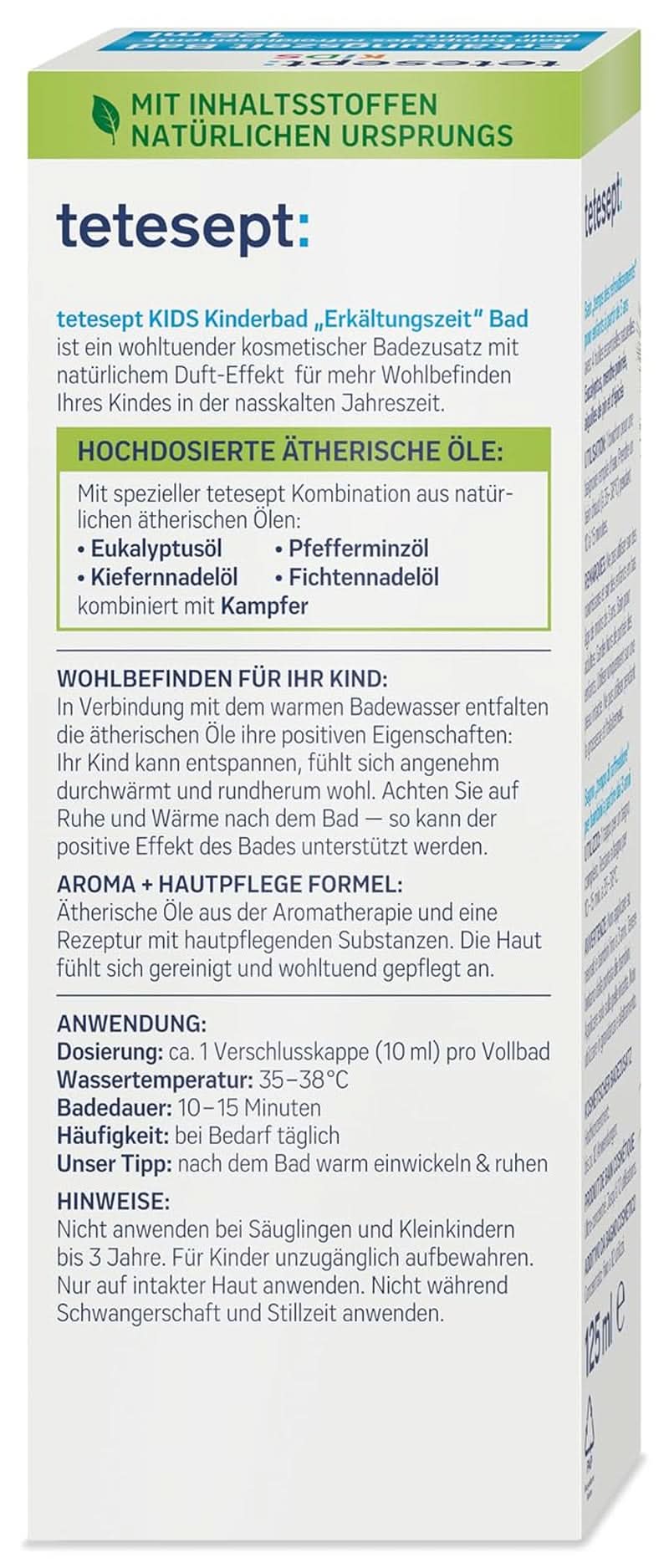 Tetesept Kids Cold Time Bath - børnebadetilsætning til den kolde årstid med 4 æteriske olier, afslapning og opvarmning, 125 ml Naty Shop