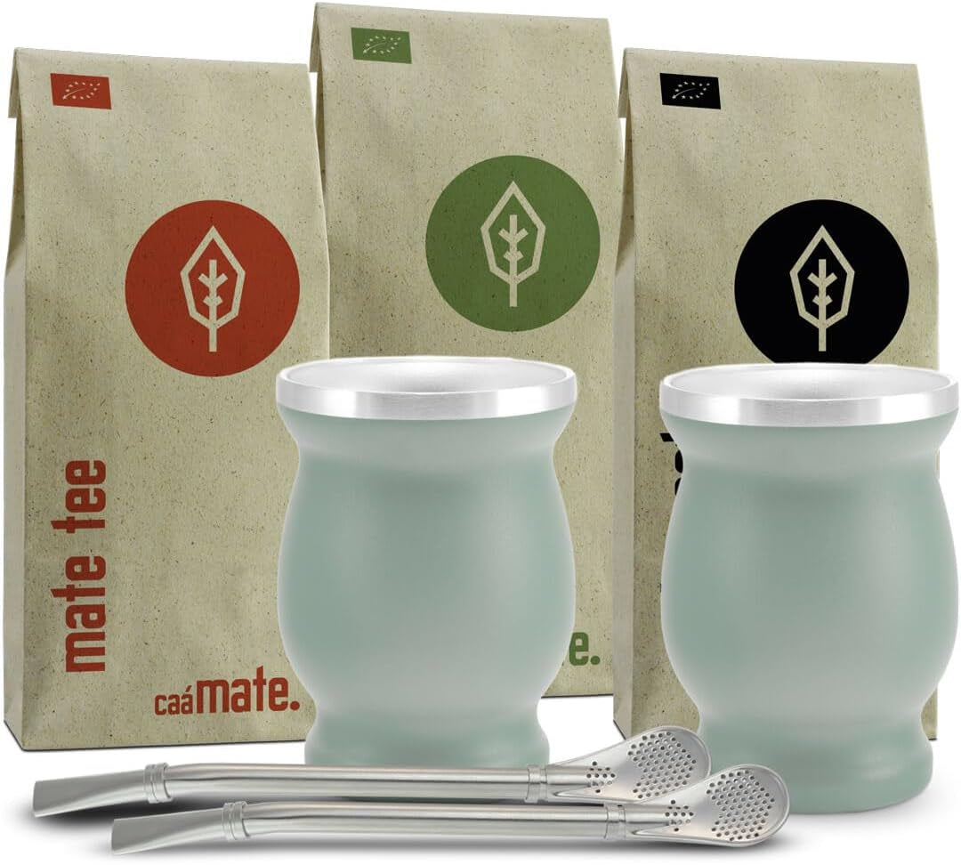 Mate Bio Tesæt ● 3 samlinger af Mate + 2 dobbeltvæggede rustfri stålkopper + 2 bombillaer + tilberedningsinstruktioner (sort)