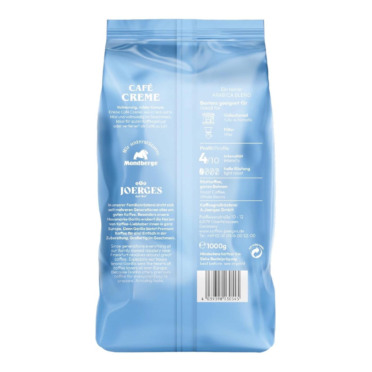 Gorilla Café Creme 6x 1000g | 100% traditionel Arabica-Bohnen | Ideal Volllautomaten Crema harmonisches Aroma | geriger Koffeingehalt helle Röstung | Vorratspackung