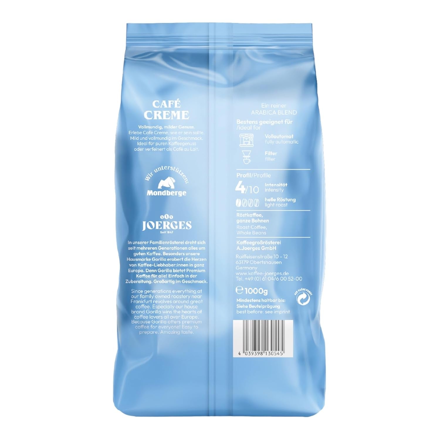 Gorilla Café Creme 6x 1000g | 100% traditionel Arabica-Bohnen | Ideal Volllautomaten Crema harmonisches Aroma | geriger Koffeingehalt helle Röstung | Vorratspackung