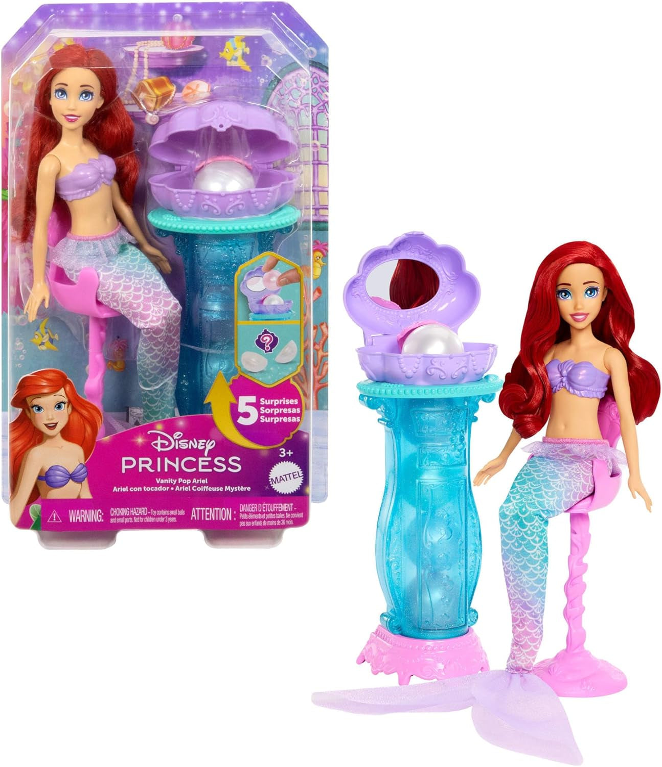 Mattel Disney Princess Legetøj, Havfrue Ariel modedukke med aftagelig halefinne, toiletbord med 5 gentagelige pop-up overraskelser og 5 tilbehør, JBF86