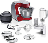 Foodprocessor Bosch Series 4 MUM5X720, integreret vægt, skål i rustfrit stål 3,9L, røremaskine 1,25L, 1000W Tilbehør Mad og Amning Baby Naty Shop Single Mørkerød/sølv 2 tilbehør