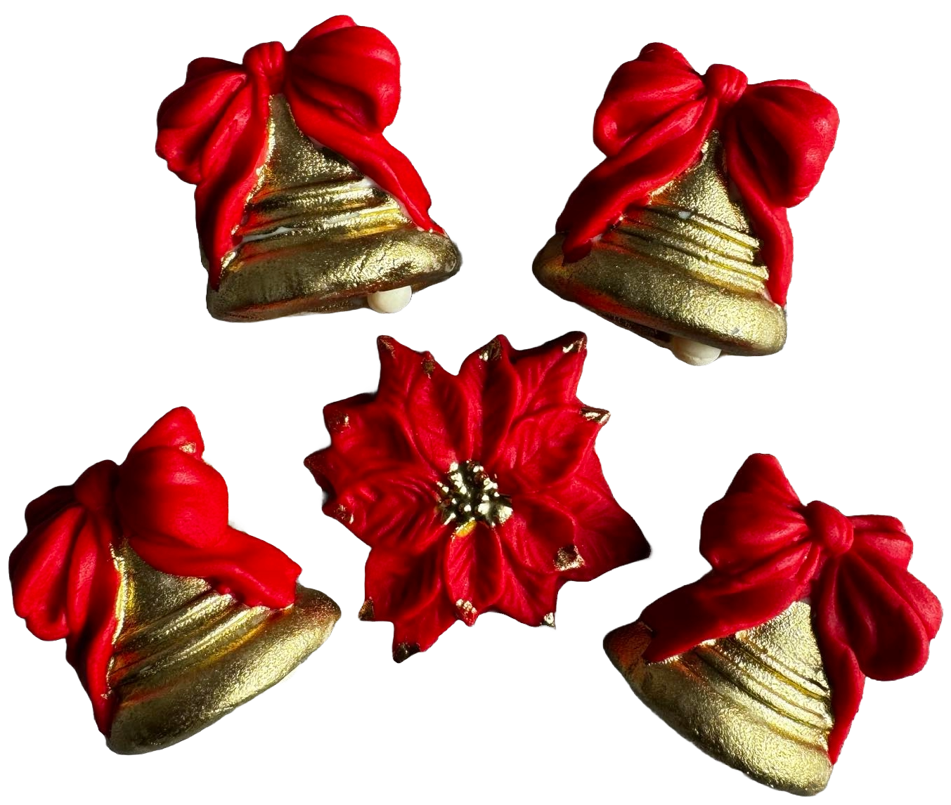 Sæt med 5 spiselige sugarpaste dekorationer, jul, klokker med røde sløjfer Sugarpaste Decorations Naty Shop