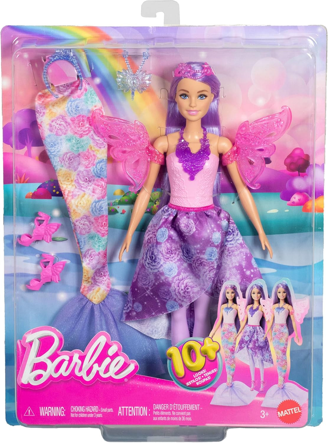 Barbie Doll 3-i-1 legesæt med 8 tilbehør, inklusive havfruehale, fevinger, kongelige halskæder, sko og mere til 10+ forskellige udseender, JCP74