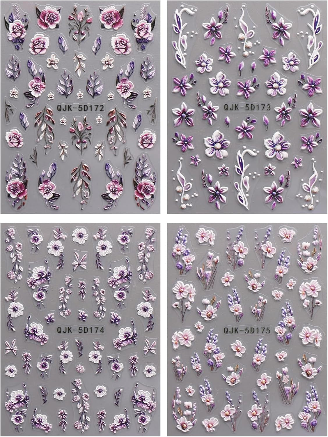 JMEOWIO 3D Nagelsticker Blumen Nail Art Sticker Selbstklebend Nagelaufkleber 5D Stereoskopisk Frühling Sommer Dekoration Nageldesign Zubehör 4 Blatt