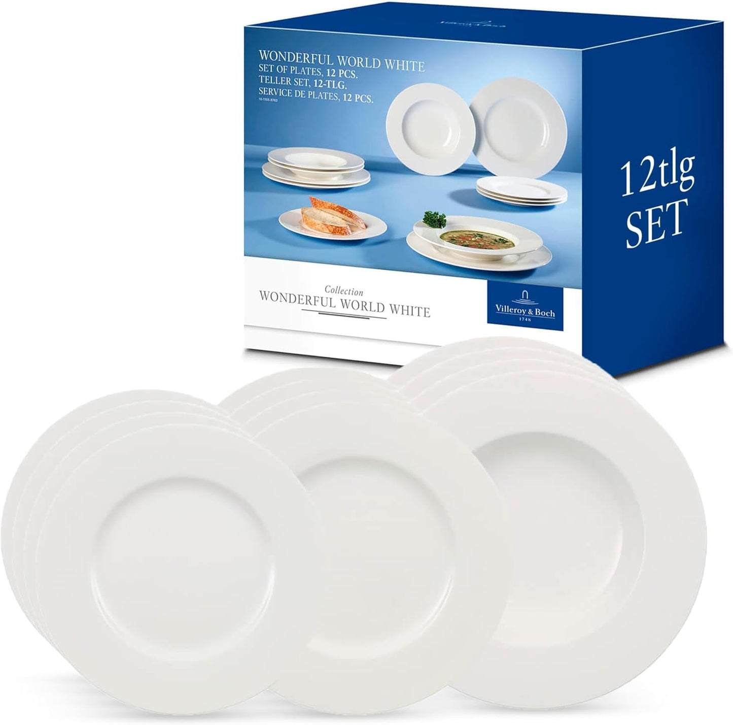 Villeroy & Boch Wonderful World 12-delt porcelænssæt, tåler opvaskemaskine og mikroovn, hvid, tallerkener, porcelæn, middagstallerkener, sæt, moderne porcelænssæt, premium porcelæn