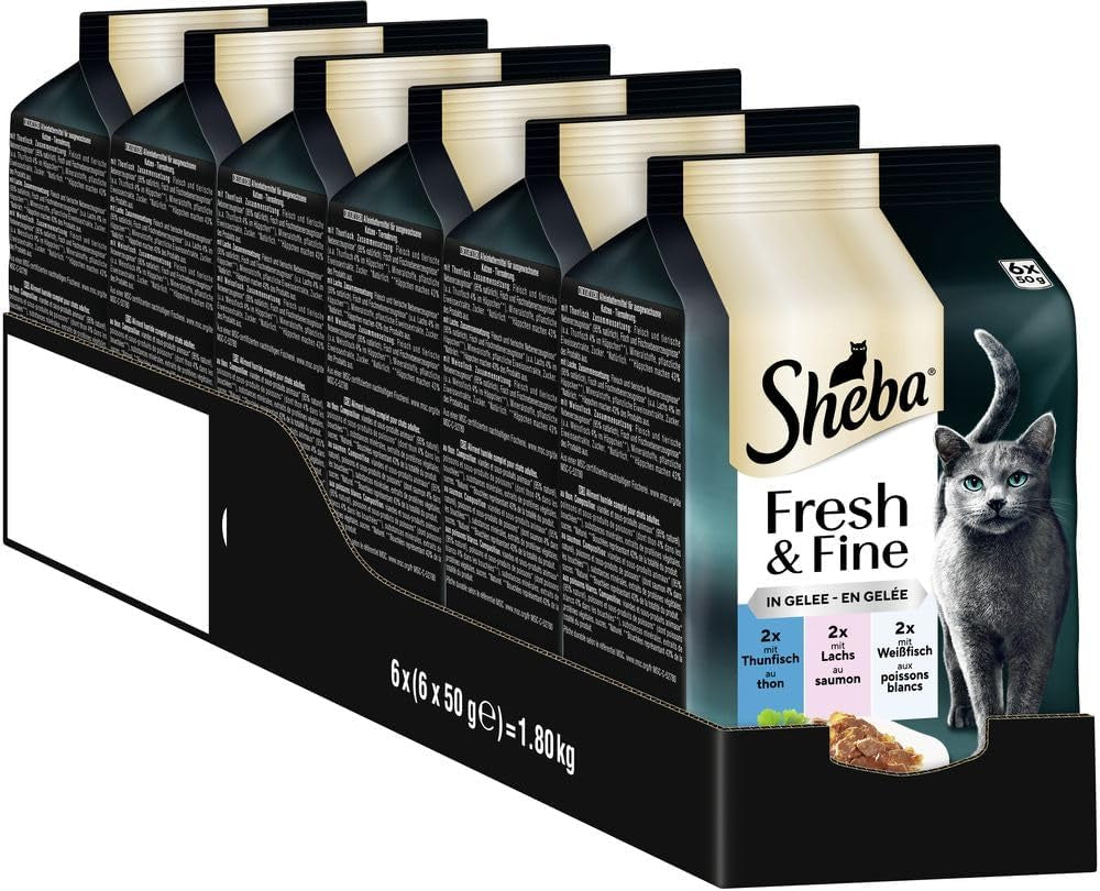 Sheba Portion Pouches Vådfoder til katte, Multipack Fresh & Fine i gelé med MSC tun og laks, 6x6x50g - Sunde måltider til katte med gelé