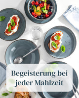 Steingut Geschirrset 12 Personen Rustik 36 tlg. TESTSIEGER, Hochwertiges Landhaussttil Steingut Geschirr Set, Schüssel- und Teller Set, Tafelservice 12 Personen, Geschirrsets Pure Living in Rauchblau
