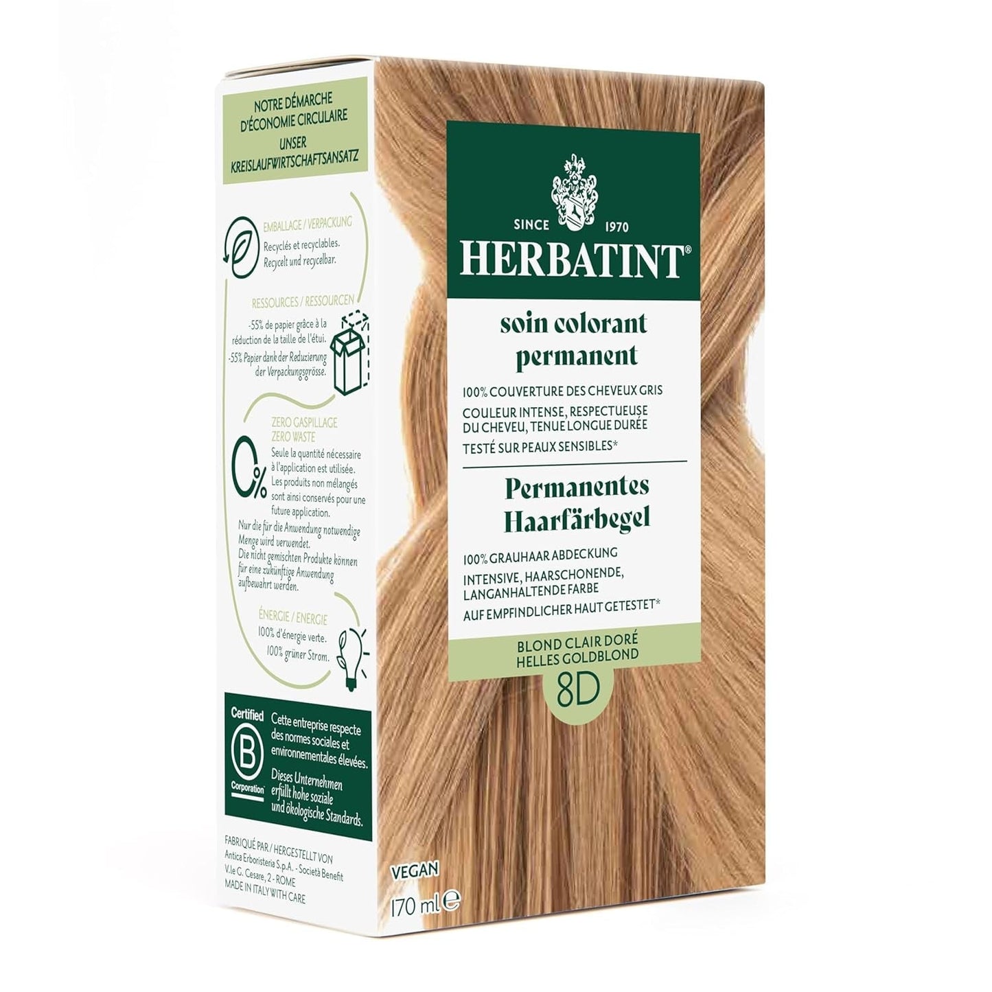 Permanent hårfarvegel 6N mørkblond - 170 ml I ammoniakfri, 100 % grå hårdækning Jeg testet på følsom hud, med 8 planteekstrakter Naty Shop hårfarve 8D lys gyldenblond