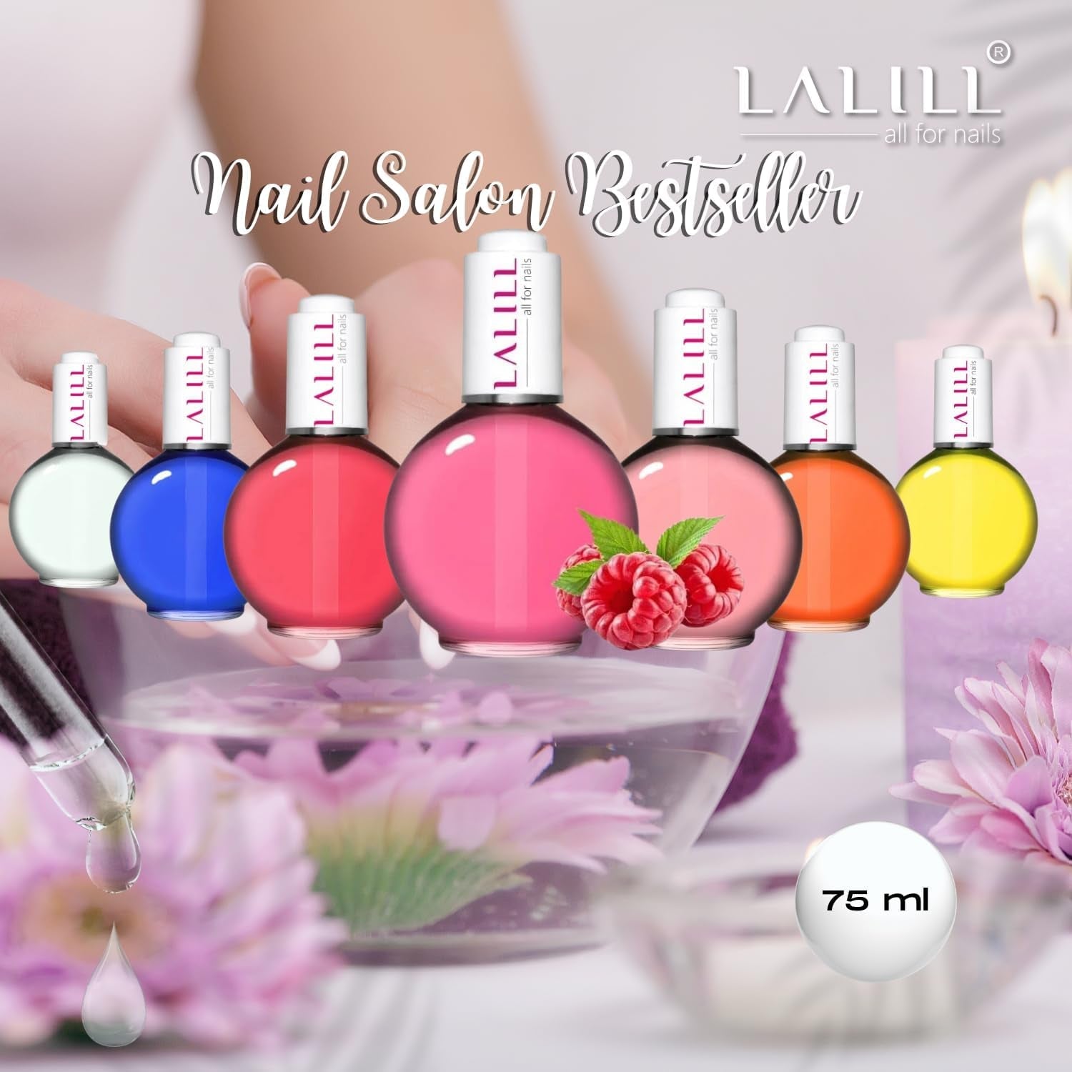 LALILL Nail Cuticle Oil 75Ml - Himbeere Nagelpflegeöl - Nagelöl Pflege Für Nägel Nagelhaut - SPA Maniküre Naildesign Hände - Vegansk - With Pipette