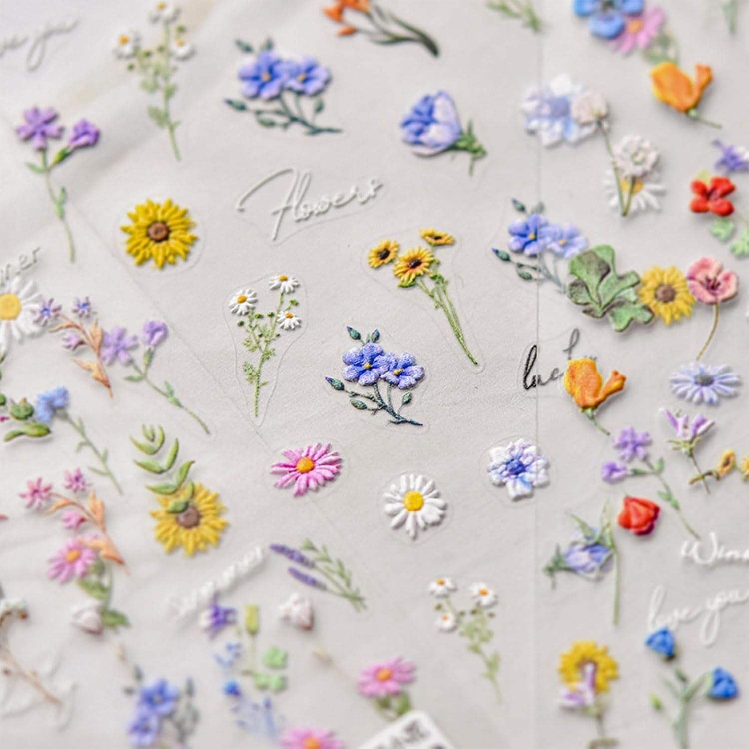 JMEOWIO 3D Nagelsticker Bunte Blumen Nail Art Sticker Selbstklebend Nagelaufkleber 5D Stereoskopisk Frühlings Sommer Blumen Dekoration Nageldesign Zubehör 2 Blatt