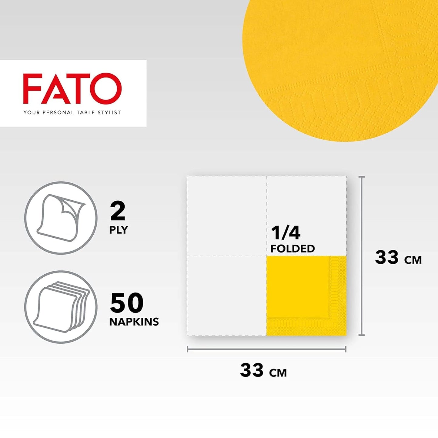 , Papirservietter til engangsbrug, ideelle til afslappede frokoster og buffeter, pakke med 50 servietter, størrelse 33X33, 4-fold, 2-lags, gult, 100 % rent cellulosepapir, Fsc-certificeret