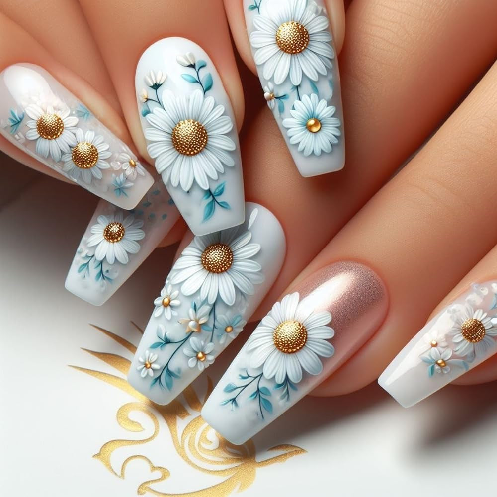 24 stk lang tryk på negle kiste kunstige negle sommerfugl blomst selvklæbende negle hvid brun akryl negle sæt negle tips kvinder forår sommer negle tilbehør