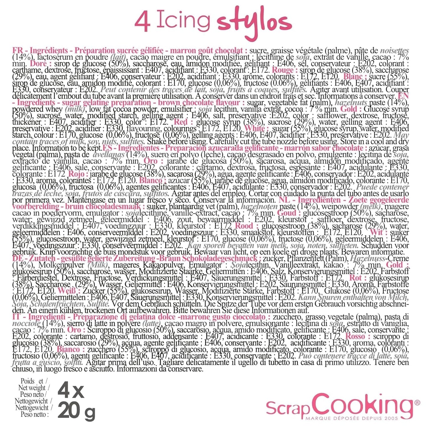 Scrapcooking - 4 stykke tuscher: guld, chokolade, hvid og rød - dekorative spiselige kuglepenne til skrivning og tegning på desserter, kager og kiks