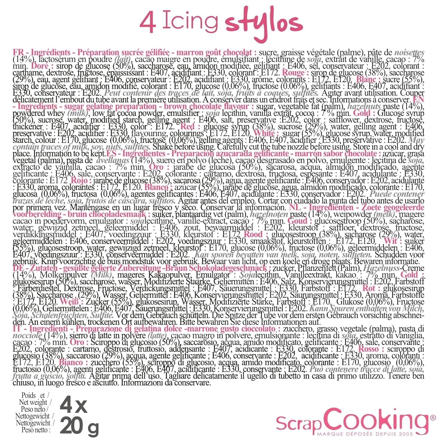 Scrapcooking - 4 stykke tuscher: guld, chokolade, hvid og rød - dekorative spiselige kuglepenne til skrivning og tegning på desserter, kager og kiks