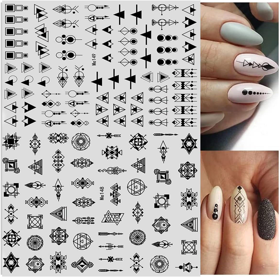 12 Blatt Nagelsticker Geometrisk Nagelaufkleber Selbstklebend Schwarz-Weißes Mysteriöses Dreieck Nail Art Sticker Dekoration Nageldesign Zubehör
