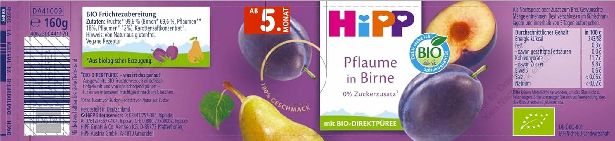 HiPP Økologiske Blommer med Pæresmag (6 x 160g), fra 5 måneder, uden tilsat sukker, særlig intens frugtsmag, af bedste økologiske kvalitet.