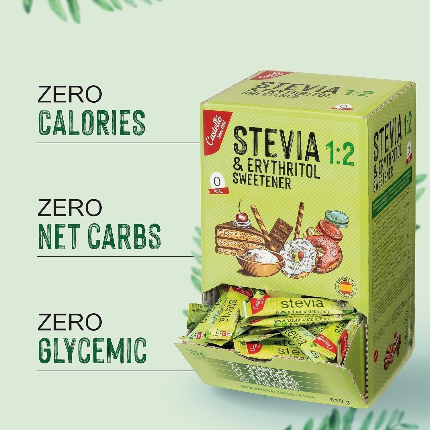 Stevia + Erythritol 1:2 Süßstoff | 204 Mytetaske 2,5 G | 100% Natürlicher Zuckerersatz - 0 Kalorien - 0 Glykämischer Index - Keto Und Paleo - 0 Kohlenhydrat - Kein GVO - Castello siden 1907-510 G Sweeteners Naty Shop