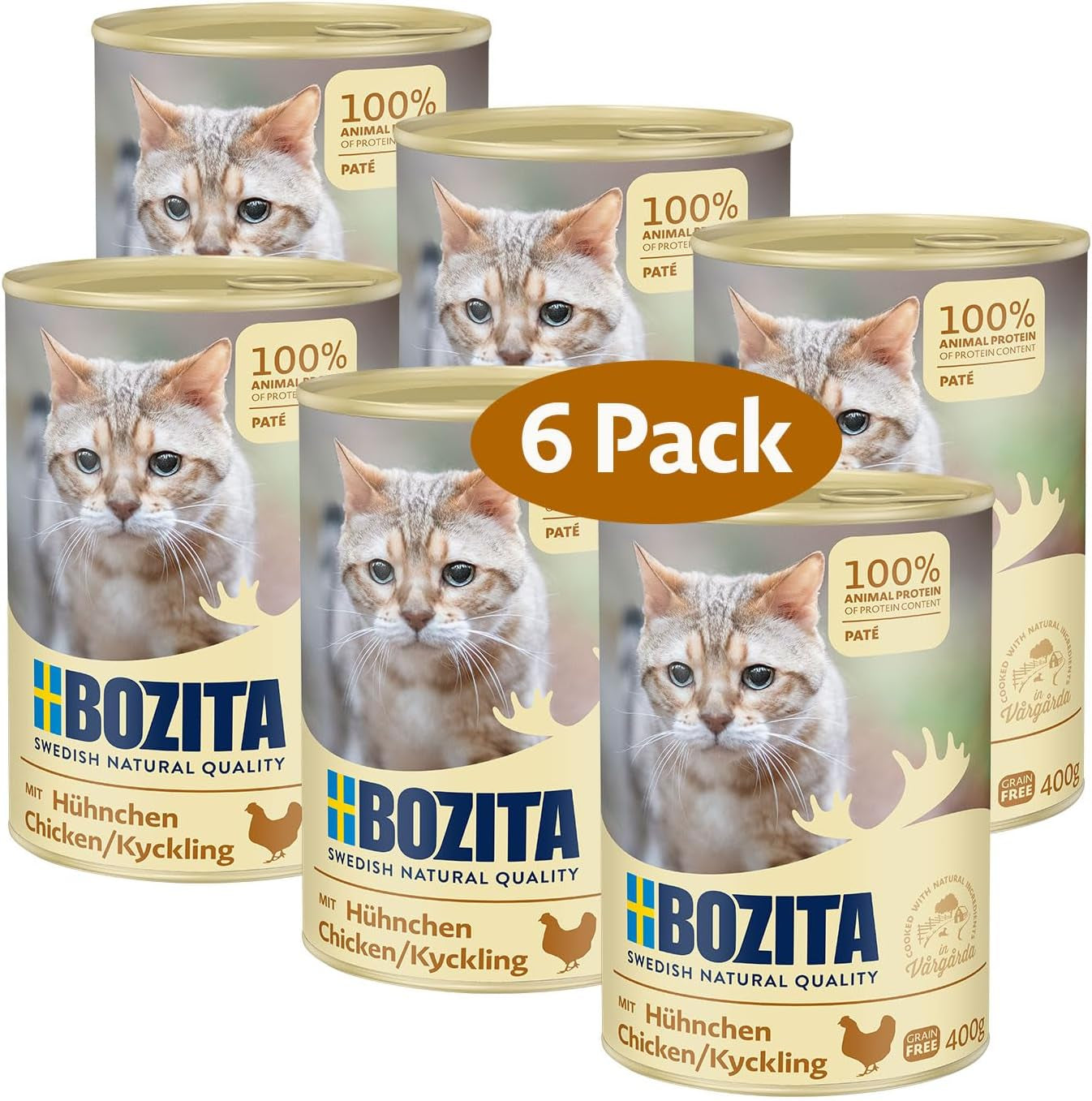 Bozita kornfri kyllingepostej - 6 x 400 g vådfoder til katte og killinger. Komplet mad med 9,5% protein og 5% fedt, lavet af naturlige ingredienser af høj kvalitet, kornfri - fra Sverige