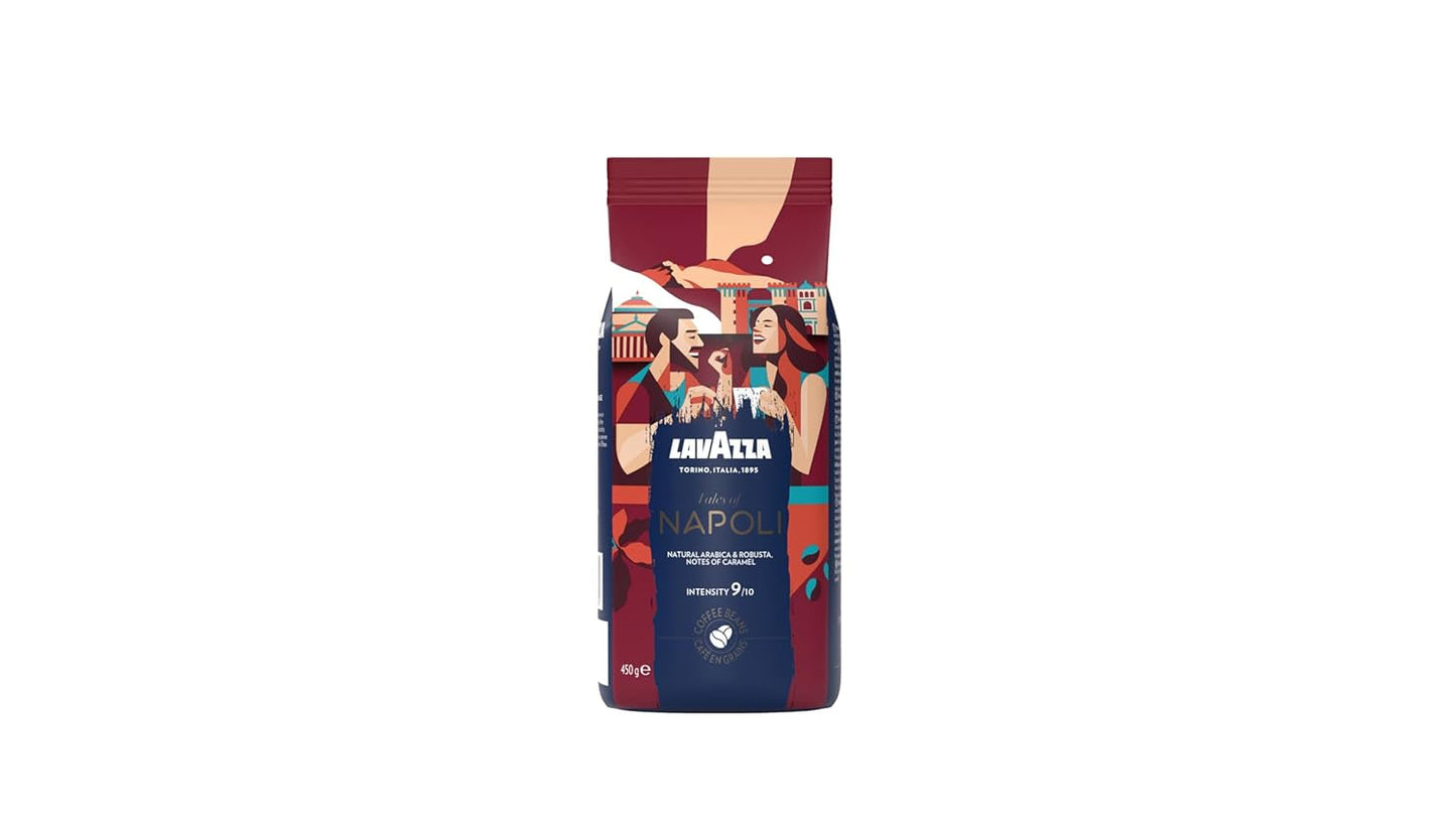 Lavazza, Tales of Napoli, kaffebønner, ideel til espressomaskiner, med aromatiske noter af kakao og karamel, Arabica og Robusta, intensitet 9/10, intens ristning, 450 g