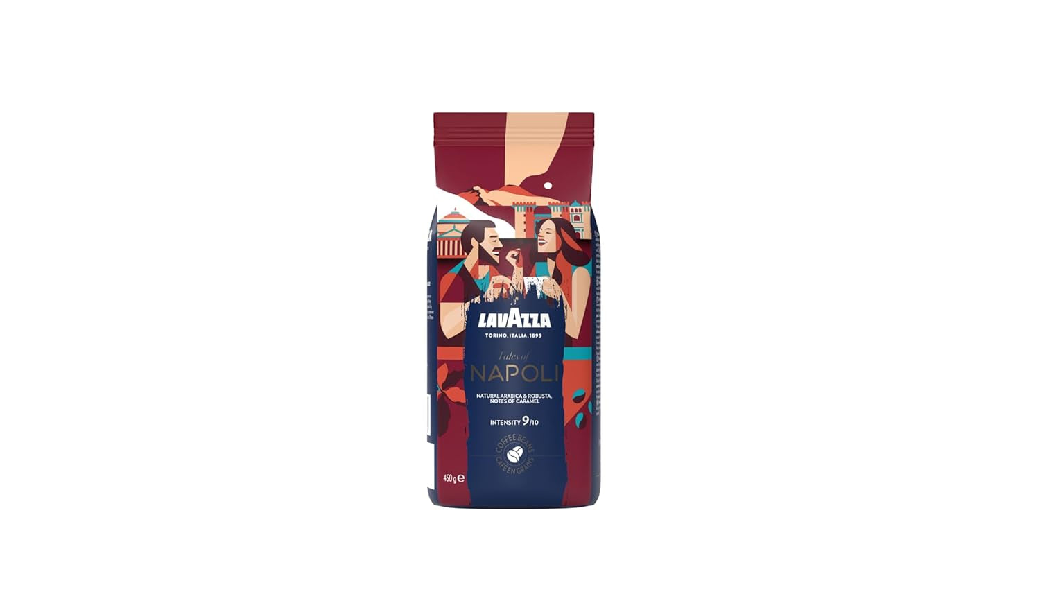 Lavazza, Tales of Napoli, kaffebønner, ideel til espressomaskiner, med aromatiske noter af kakao og karamel, Arabica og Robusta, intensitet 9/10, intens ristning, 450 g